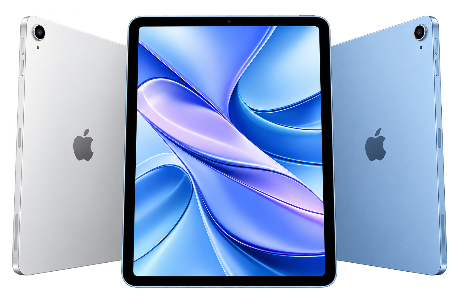 Three iPads in silver and blue, with one showing its screen